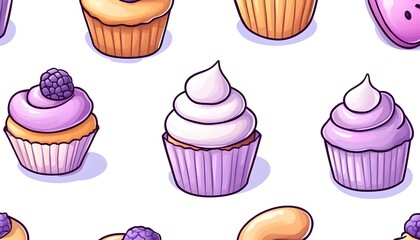 A whimsical pattern of colorful cupcakes with various toppings like whipped cream and berries, set against a white background