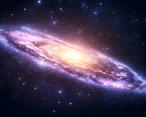 Fototapeta premium A vibrant spiral galaxy, swirling with purple, pink, and yellow hues, against a backdrop of dark space speckled with stars