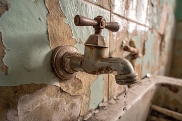 Old faucet with rust and peeling walls in a derelict space, showcasing deterioration and the slow drip of water in daylight Generative AI