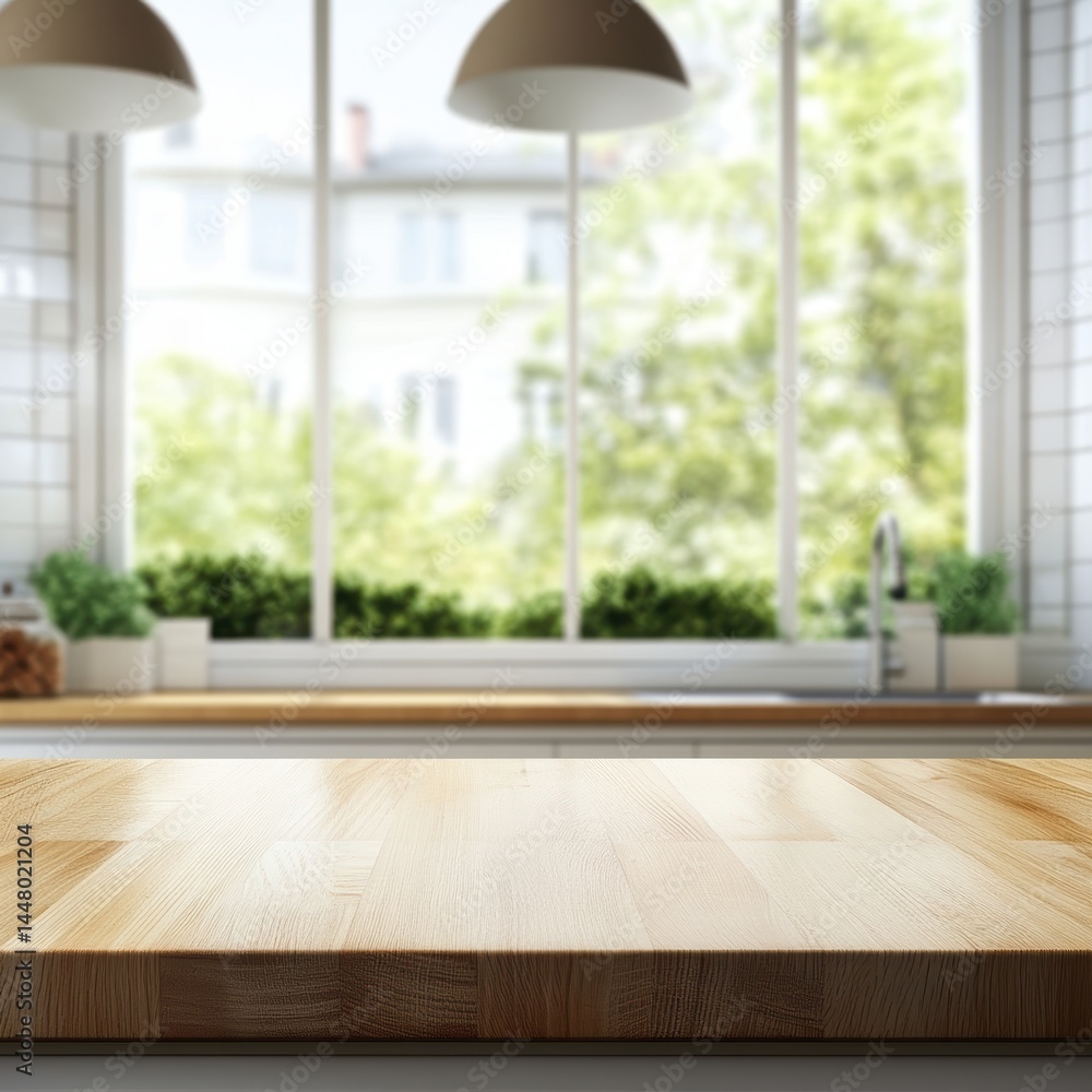 Poster light wood tabletop with blurred kitchen background showcases a bright window and green trees creati
