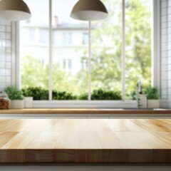 Fototapeta premium Light wood tabletop with blurred kitchen background showcases a bright window and green trees creating a serene and inviting interior space perfect for product display