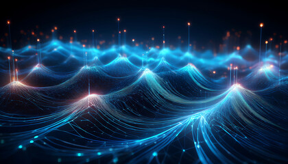 Fototapeta premium Abstract Digital Wave with Glowing Dots and Lines - Futuristic Data Flow and Technology Background in Purple and Orange Tones