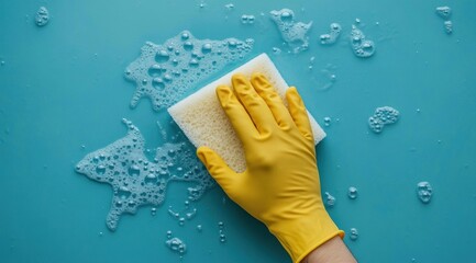 Professional commercial cleaning services banner: Yellow-gloved hand cleans wall with ample copyspace