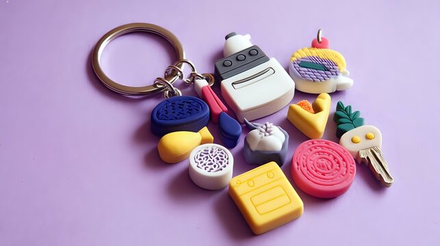 Artistic keychain with abstract mini household items and quirky decor shapes over a lavender background, vivid focus and good light