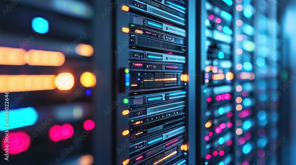 Poster close-up of illuminated servers in a modern data center, ideal for cybersecurity, cloud storage, and