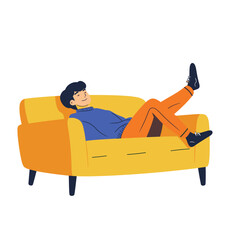 Relaxed man lounging on a bright yellow sofa.