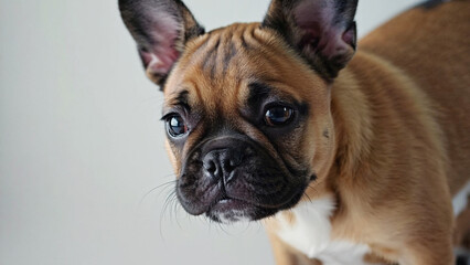 A small brown dog stands on a clean white floor, providing a simple yet effective contrast