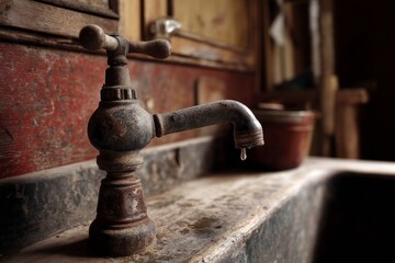 Water slowly drips from an old rusty faucet in a vintage kitchen with rustic cabinetry and a weathered sink Generative AI