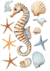 Obraz premium Watercolor illustration of seashells, starfish, and seahorse