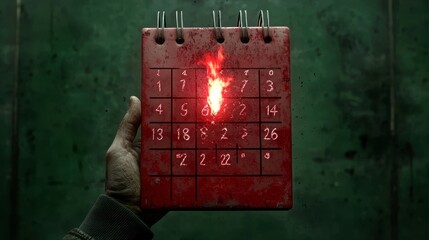 Bloody Calendar with Fiery Glow Held by a Hand Against Dark Green Background