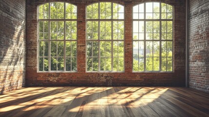 Interior of loft apartment with brick walls and large windows overlooking green trees casting shadows on wood floor creating warm inviting atmosphere