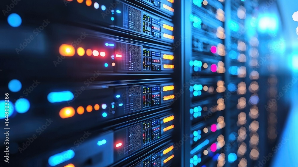 Poster Brightly illuminated server racks with glowing red and blue lights, great for network security, data processing, and AI environments