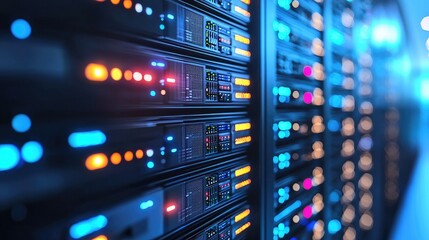 Naklejka premium Brightly illuminated server racks with glowing red and blue lights, great for network security, data processing, and AI environments