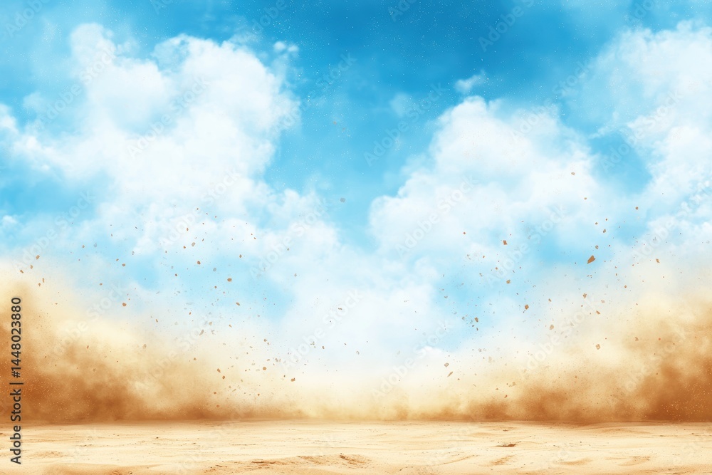Poster serene sky over desert landscape with sand dust explosion creating a captivating and dynamic scene u