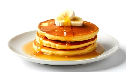 Pancakes with banana and syrup Isolated on white background