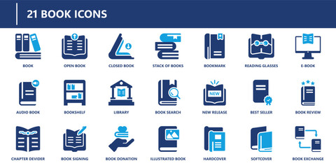 Book icons pack in solid style including open book, audiobook, library, book search, new release, best seller, hardcover, and ebook.