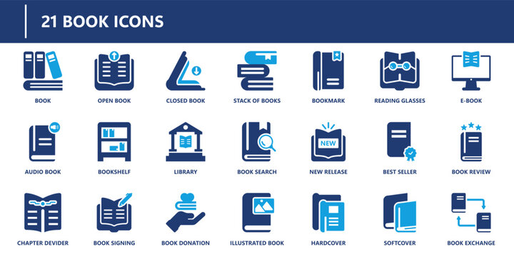 Book icons pack in solid style including open book, audiobook, library, book search, new release, best seller, hardcover, and ebook.