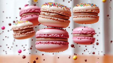 Fototapeta premium Stack brightly macarons rising, floating air. Sweet French sandwich cookies. Concept lightness