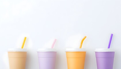 Four pastel-colored cups with straws on white background