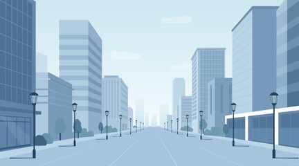 Flat Vector Illustration of Empty Urban Street with Modern Highrise Buildings and Lamp Posts &ndash; Minimalist Cityscape Background for Architecture, Business, and Real Estate Design