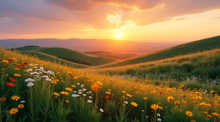 Fototapeta premium Rolling Hills with Wildflowers at Sunset