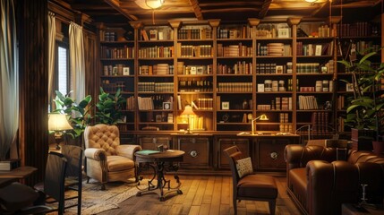 Luxurious, well-lit, antique library reading nook.