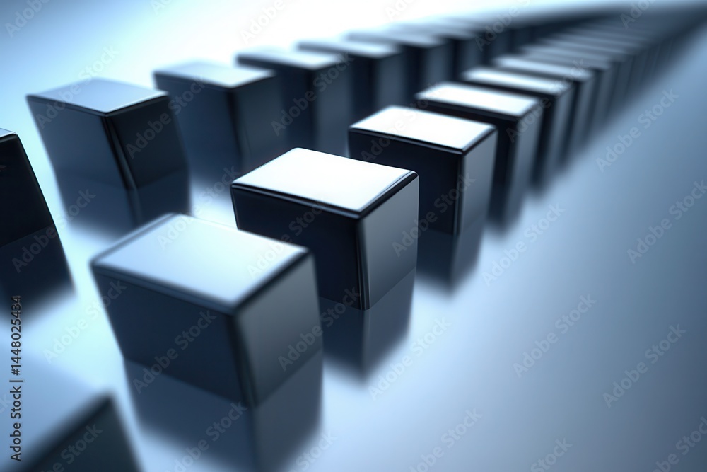 Poster a row of glossy black cubes arranged in perspective, reflecting light in a minimalist setting