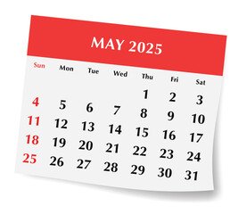 2025 may English calendar. vector illustration of monthly paper page with shadow. Design with Sunday start