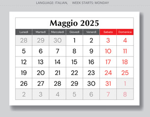 Italian page of calendar month May 2025. Vector illustration. For Italy