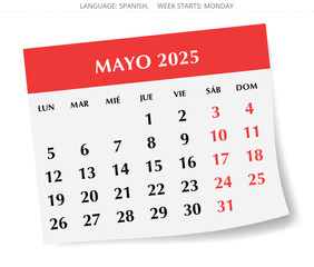 2025 Spanish may calendar - month may. Vector illustrations Spain