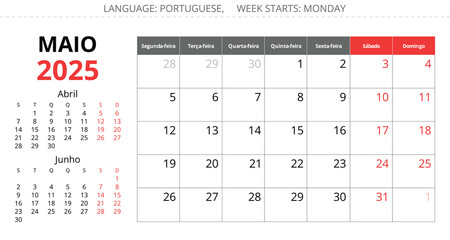 May PORTUGUESE monthly calendar for 2025 year - maio. Vector illustration for Portugal