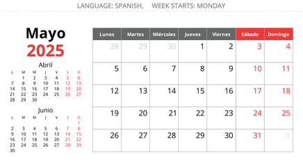 2025 Spanish may calendar - month mayo. Vector illustrations spring month for Spain