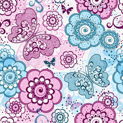 Vector hand drawn seamless dotted pattern with fantasy colorful lace butterflies and flowers on white background. For packaging, wallpaper, textiles