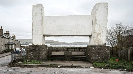 Obraz premium Coastal town, unique bench structure, scenic bay view, overcast day, travel photography
