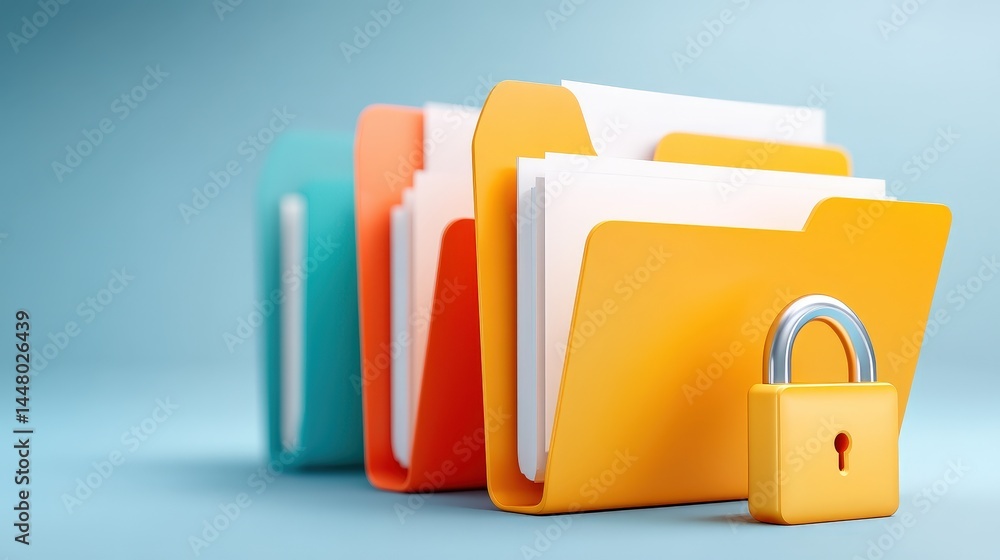 Poster colorful file folders with documents and a padlock symbolizing data security and privacy protection.