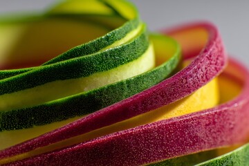 Artistic composition of spiraled zucchini and beet ribbons, macro detail highlights the textures.