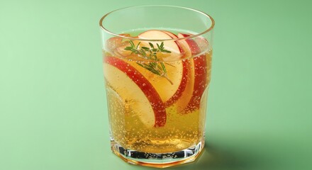 A close-up shot of a refreshing cocktail with apple slices and rosemary on a green background.