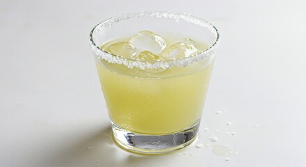A refreshing margarita cocktail with a salted rim, served with ice cubes on a white background.
