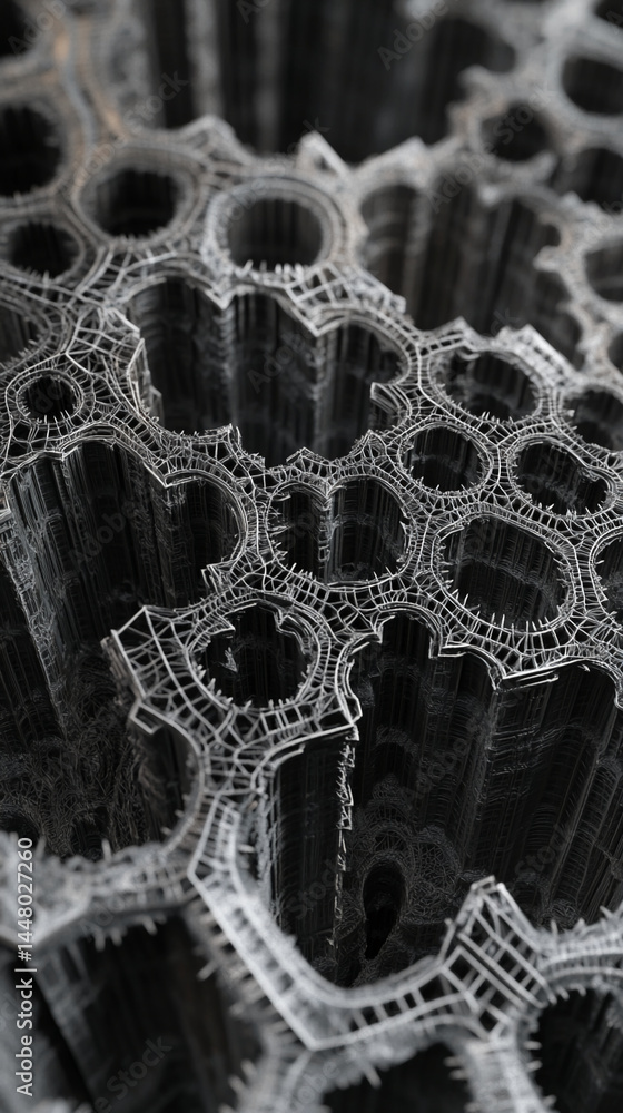 Poster Close-up of intricate gray structure, resembling a complex network or fractal pattern, showcasing depth and texture, ideal for science fiction or architectural design concepts