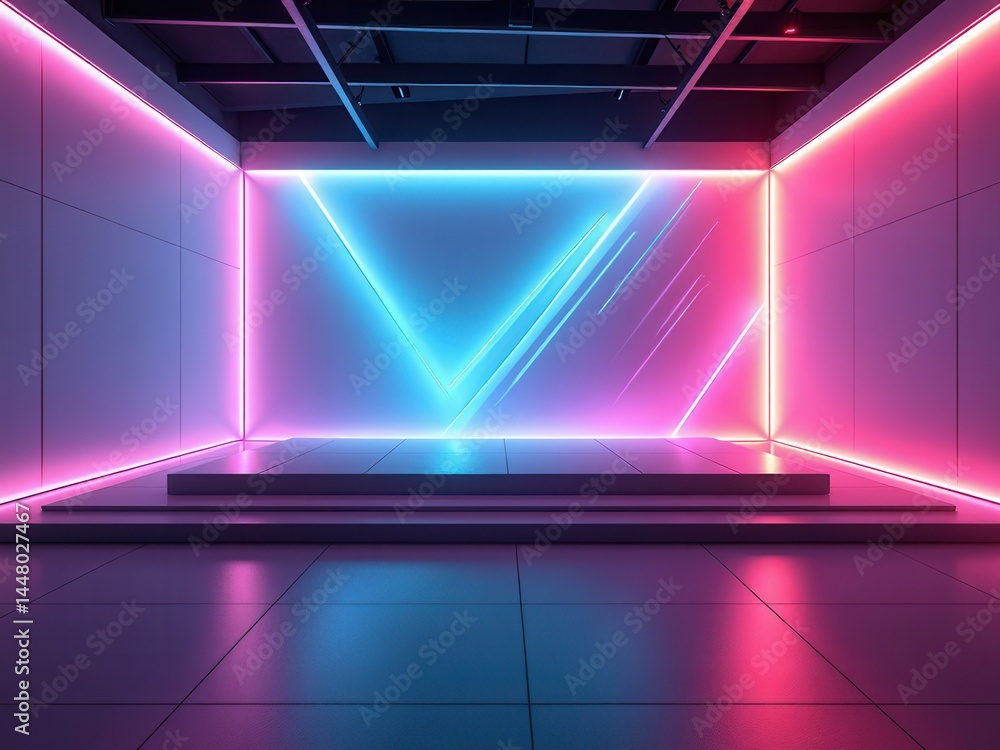 Poster digital futuristic showcase concept empty show scene. abstract geometric fantasy glow neon line back