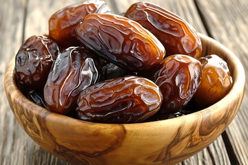 Fresh Dates in Wooden Bowl on Rustic Tabletop, Closeup of Sweet Dried Fruit