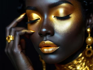 Wanddecoratie Zwart goud Beauty gold makeup lips eyelids woman black skin color body art, gold jewelry chain, fingertips nails in gold color paint. Professional gold makeup.  © useful pictures