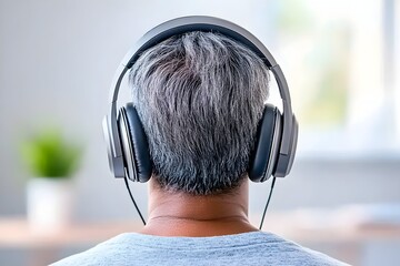 Rear view of a person wearing over-ear headphones, listening attentively