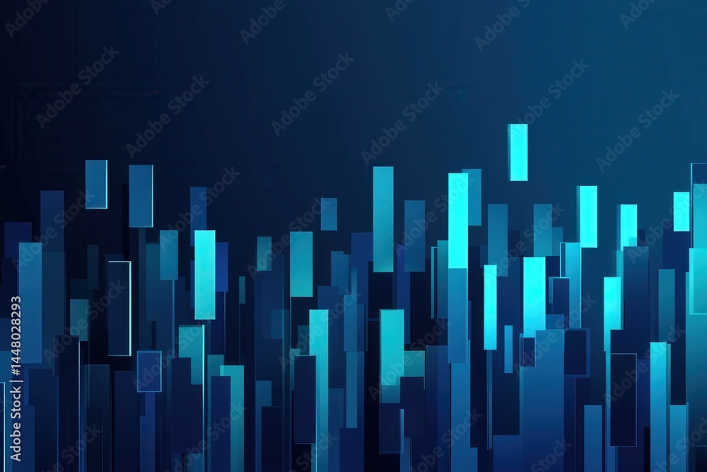 Poster abstract blue and teal digital landscape with vertical bars representing data visualization