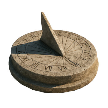 A weathered stone sundial featuring classic Roman numerals and a gnomon casting a shadow, marking times journey.