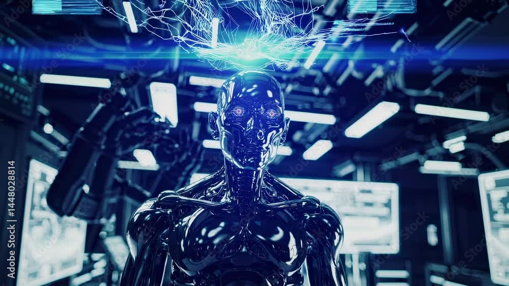 Poster futuristic robot in a high-tech lab, viewed from a low angle. digital holograms surround it, creatin