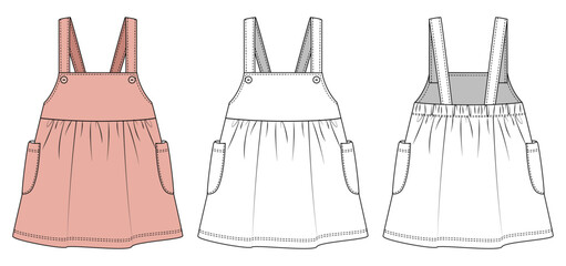 illustration of a baby wear overalls, dungarees, toddler kids, infant baby, sleep full bodysuit, fashion flat sketch, vector illustration, cad, technical drawing, flat drawing, template, mockup.