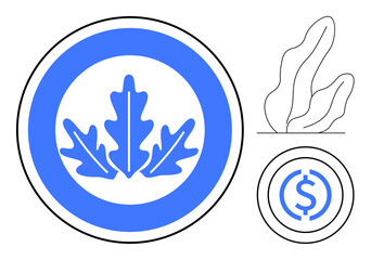 Blue oak leaf in a circular badge, minimal currency graphic, and abstract plant outline. Ideal for finance, sustainability, eco-business, nature branding, investments, eco-label simple landing page