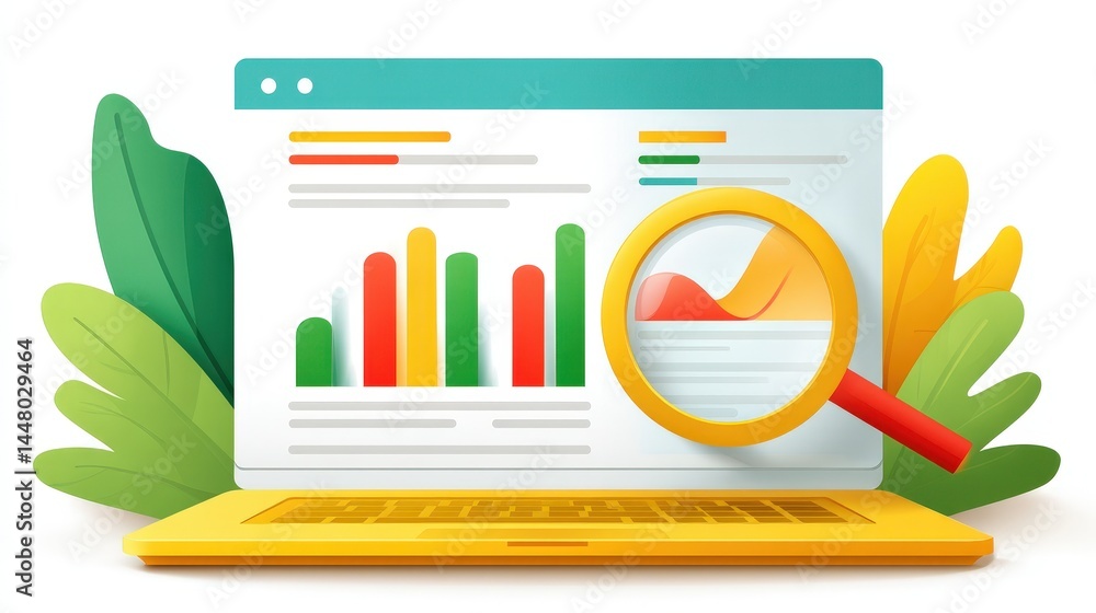 Poster a colorful illustration of a laptop displaying data analytics charts, surrounded by leaves, with a m