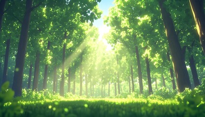 Fototapeta premium Sunlit path through lush green forest, vibrant foliage, dappled sunlight